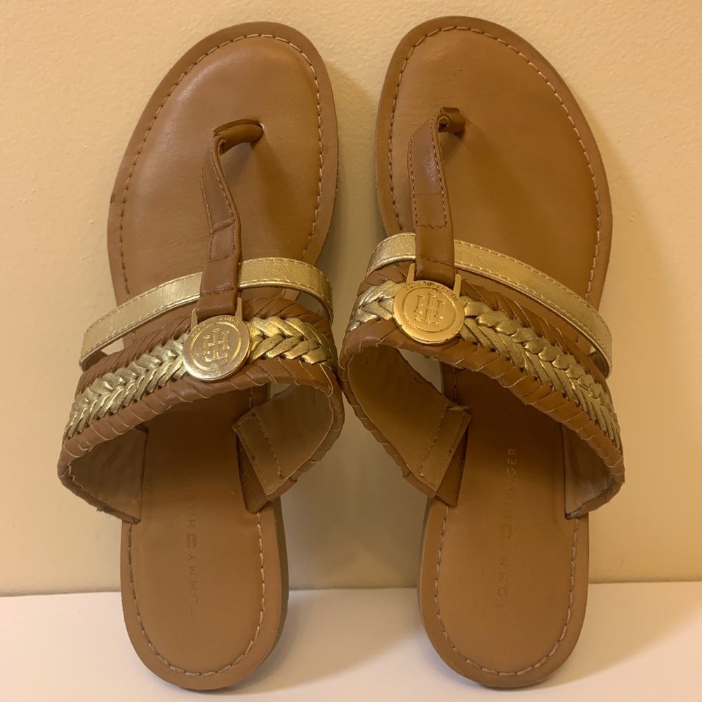 ☀︎ Tommy Hilfiger Tan & Gold Braided Sandals
